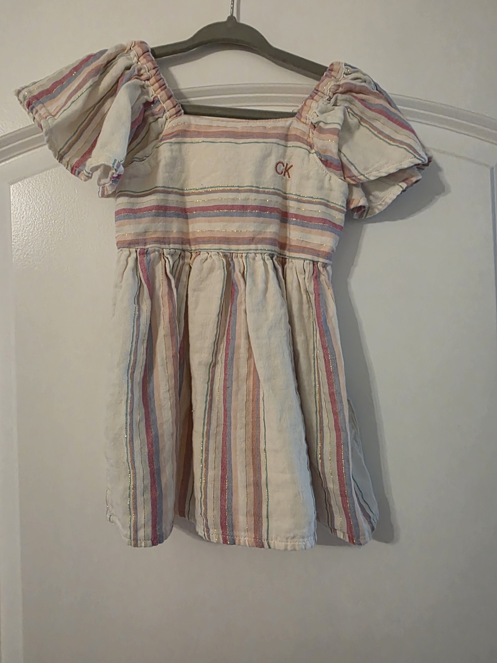Calvin Klein Girls' Striped Puff-Sleeve Dress in Cream, Pink and Blue